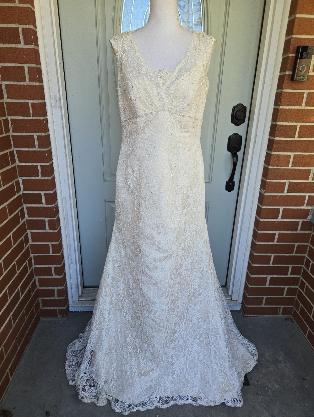David's Bridal Ivory Lace V-Neck Cap Sleeve Wedding Dress